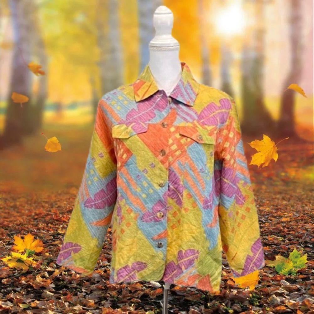 IOS‎ Women's Medium Linen Silk Blend Multicolor Geo Abstract Button Down Blazer